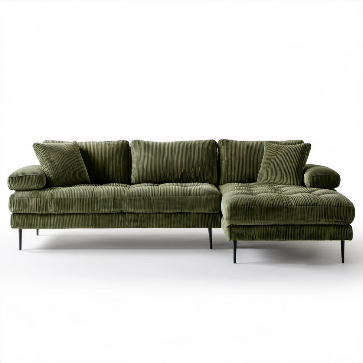 Oliwkowozielona sofa narożna z prawostronnym szezlongiem, sztruksowa, 250 x 160 x 85 cm