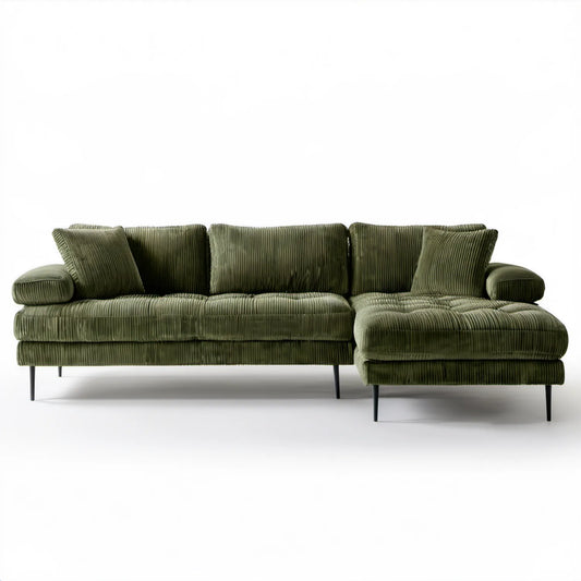 Oliwkowozielona sofa narożna z prawostronnym szezlongiem, sztruksowa, 250 x 160 x 85 cm