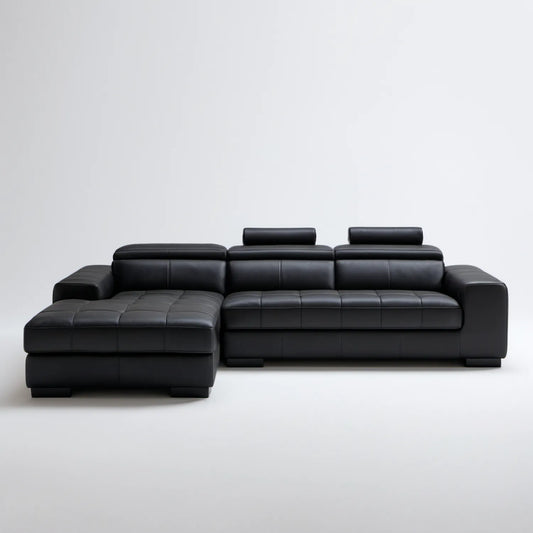 Czarna narożna sofa lewostronna ze skórą PU i szezlongiem 280 × 165 × 85 cm