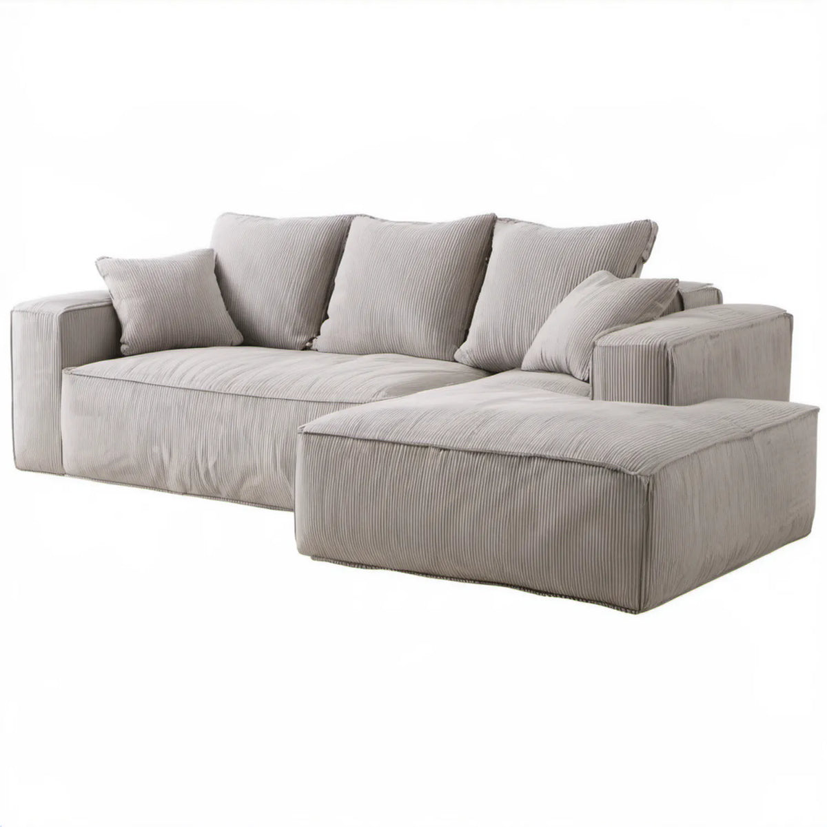 Beżowa sofa narożna L z prawym szezlongiem, tapicerowana sztruksem, 285 x 170 x 85 cm