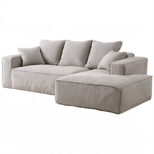 Beżowa sofa narożna L z prawym szezlongiem, tapicerowana sztruksem, 285 x 170 x 85 cm
