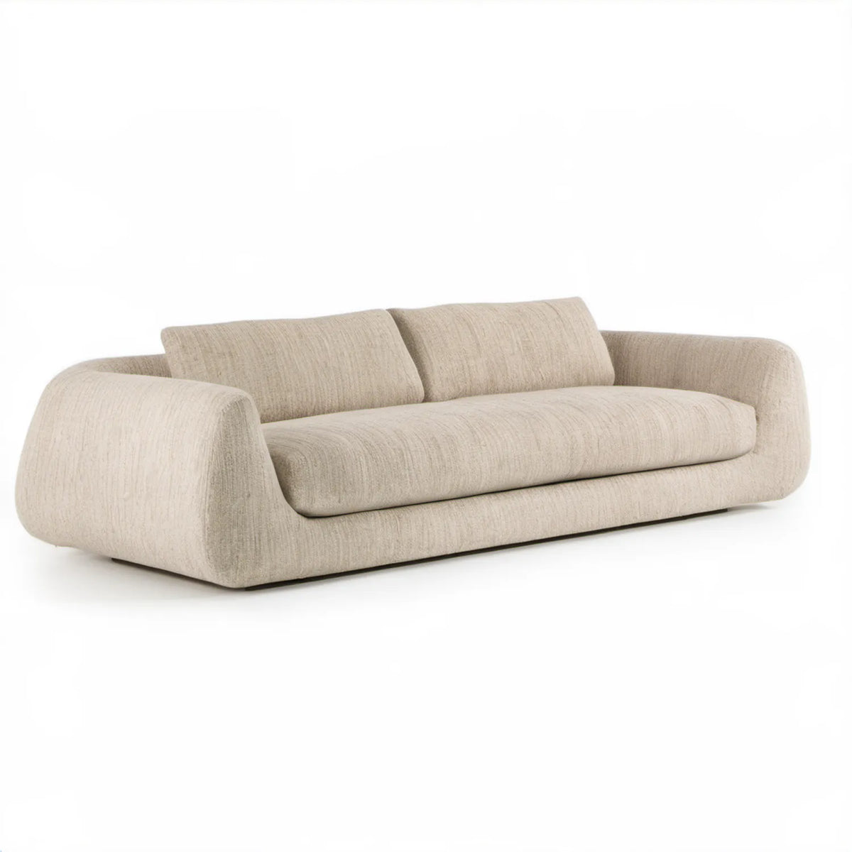 Trzyosobowa sofa o zaokrąglonej formie, jasnobeżowa, 230 x 100 x 76 cm