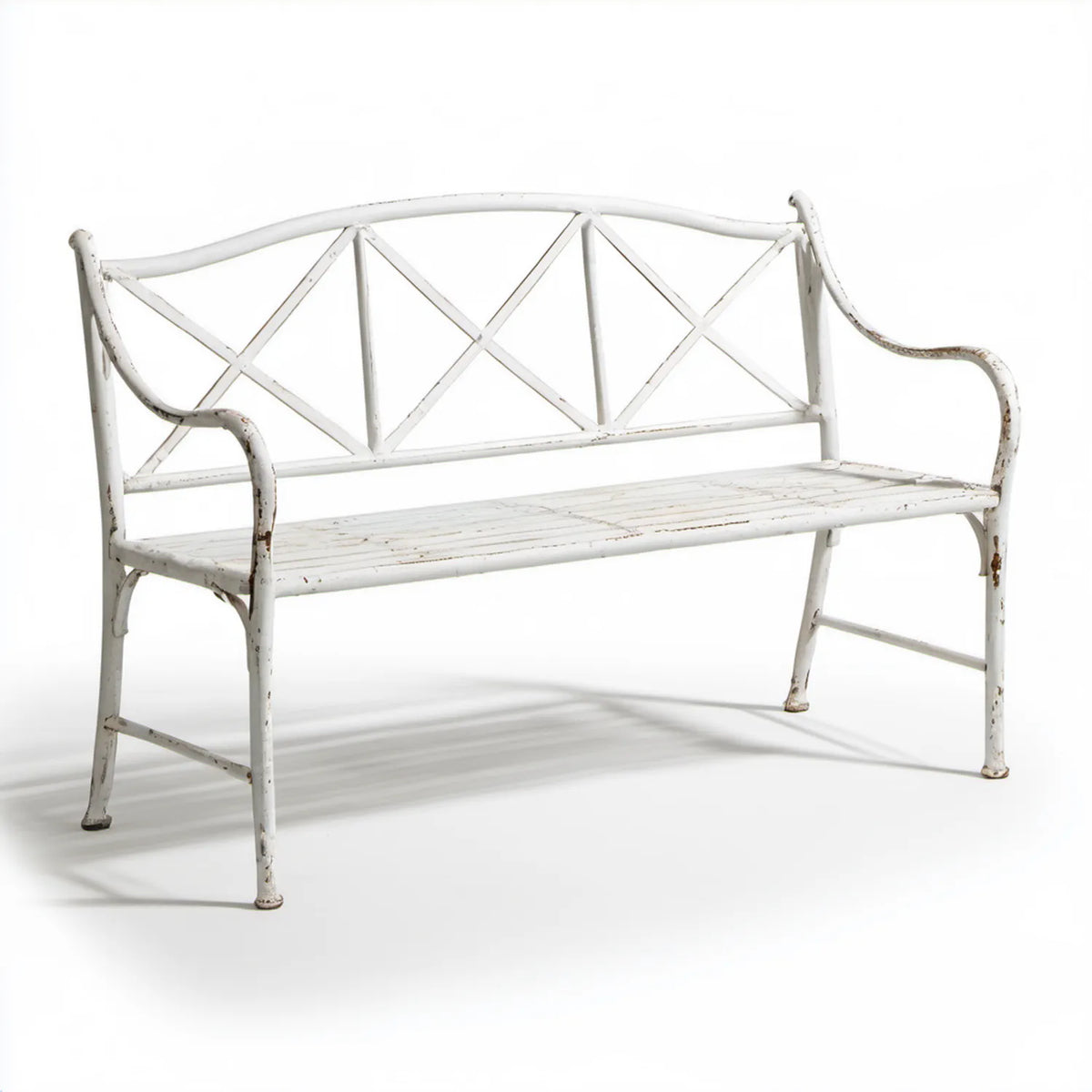 Biała stalowa ławka 2-osobowa w stylu vintage, 125 x 53 x 77 cm