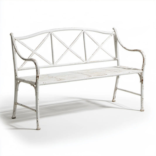Biała stalowa ławka 2-osobowa w stylu vintage, 125 x 53 x 77 cm