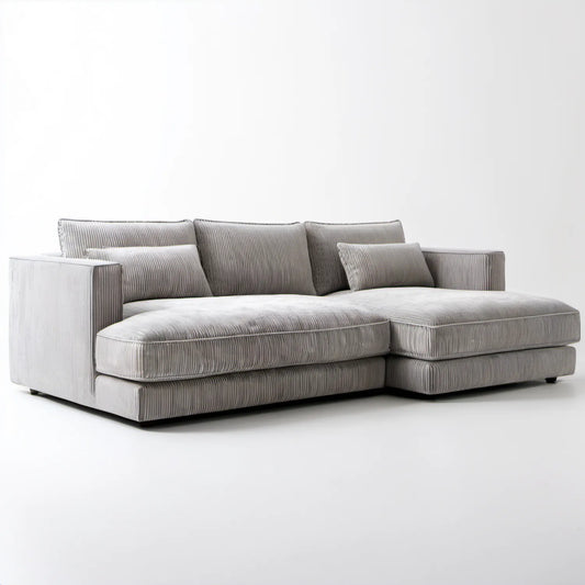 Jasnoszara sofa narożna L ze sztruksu poliestrowego, prawy szezlong, 280 × 170 × 85 cm